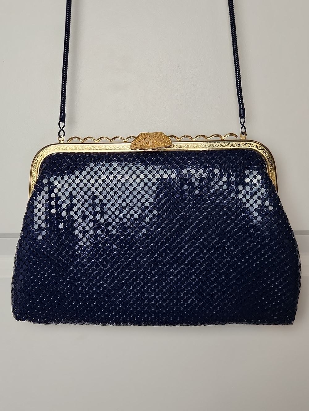 Vintage Blue Mesh Evening Shoulder Bag with Gold Frame